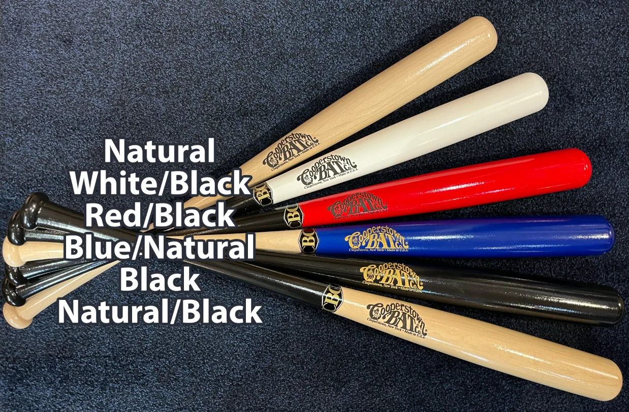 Colorful Cooperstown Bat Company bats on display.